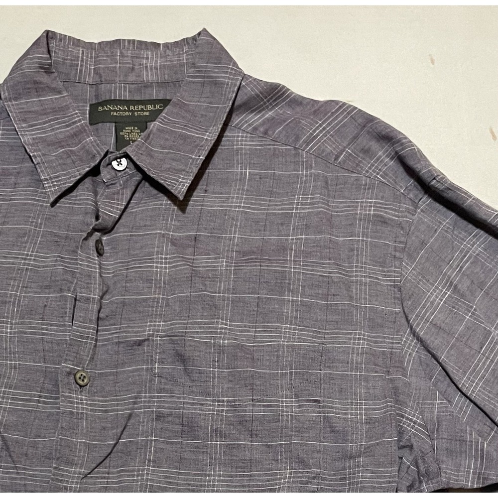 Banana Republic Shirt Mens Size Large Purple Plaid 100% Linen Button Up Check